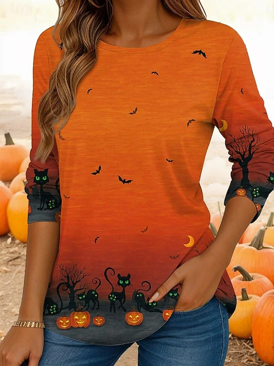 T-shirts Femmes Décontracté Printemps / Automne Toussaint Polyester Coupe Régulière Manches Longues Col Rond Régulier Régulier