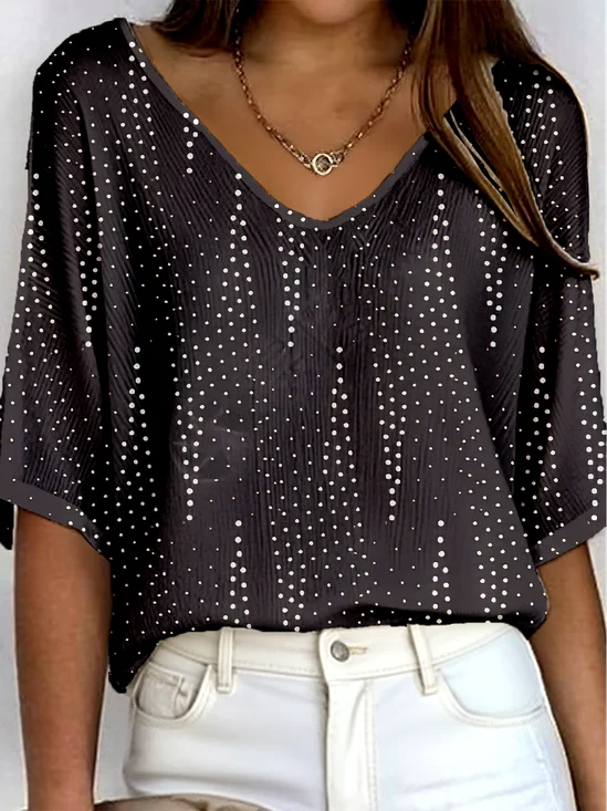 T-shirts Pois Polka Simple Printemps / Automne Polyester Micro-élasticité Quotidien Régulier Ligne T Régulier pour Femmes