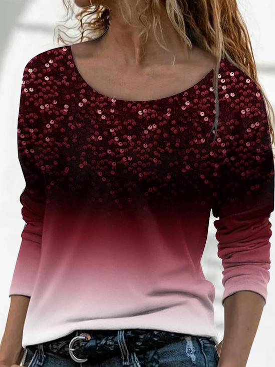 T-shirts Femmes Décontracté Ombre Printemps / Automne Micro-élasticité Ample Jersey Manches Longues Droit Régulier