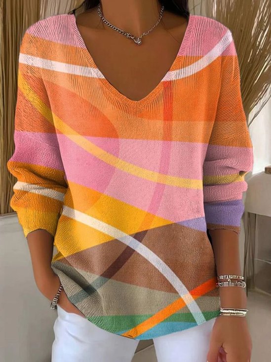 Pulls Femmes Multicolore Bloc Décontracté Printemps / Automne Col V Quotidien Coupe Régulière Manches Longues Trapèze Régulier