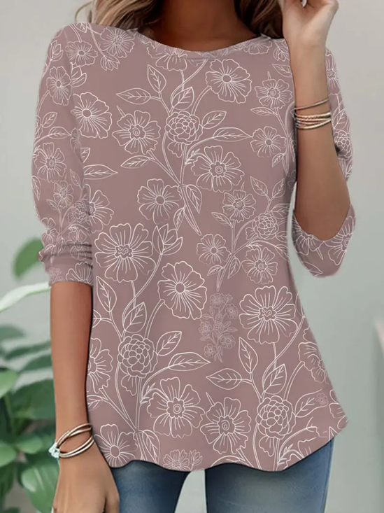 T-shirts Décontracté Floral Printemps / Automne Aucune élasticité Col Rond Régulier Droit Régulier Non pour Femmes