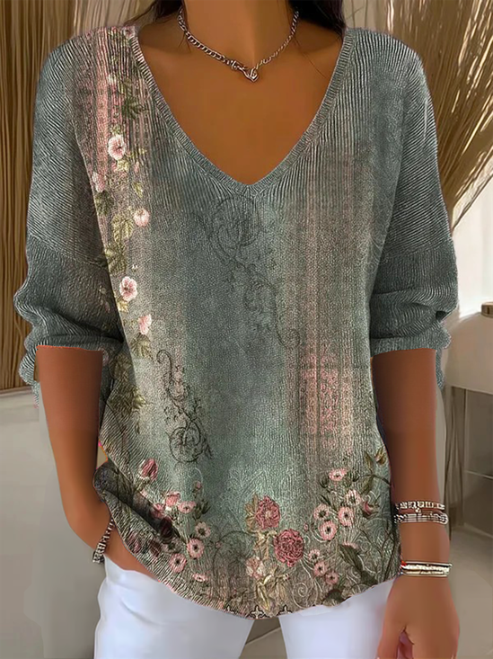 T-shirts Femmes Floral Simple Printemps / Automne Polyester Col V Micro-élasticité Domestique Manches trois quarts Régulier