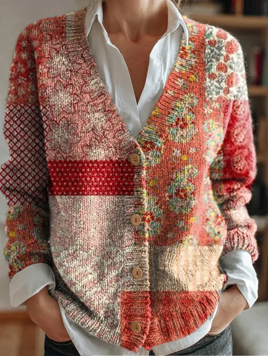Cardigans Rétro Hiver Motif dégradé Polyester Col V Micro-élasticité chaleur Manches Longues Régulier pour Femmes