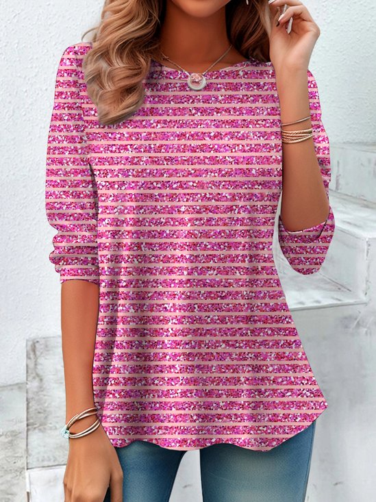T-shirts Femmes Géométrique Rétro Printemps / Automne Micro-élasticité Manches Longues Col Rond Régulier Trapèze Régulier