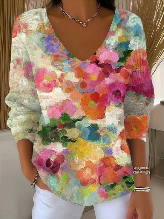 Pulls Femmes Décontracté Floral Printemps / Automne Col V Quotidien Coupe Régulière Manches Longues Trapèze Régulier