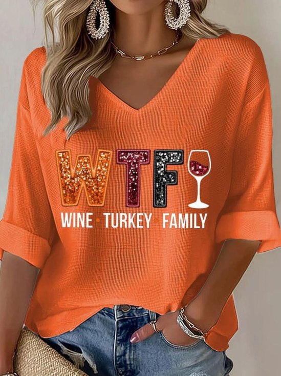T-shirts Décontracté Printemps / Automne Verre à Vin de Noël Polyester Col V Manches trois quarts Régulier Ligne T Régulier pour Femmes