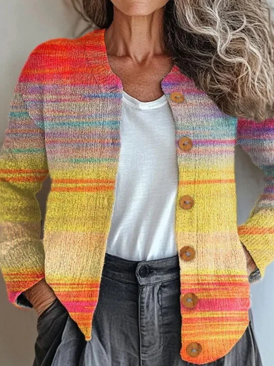 Cardigans Boho Ombre Printemps / Automne Tricoté Micro-élasticité Quotidien Coupe Régulière Manches Longues Col Rond pour Femmes
