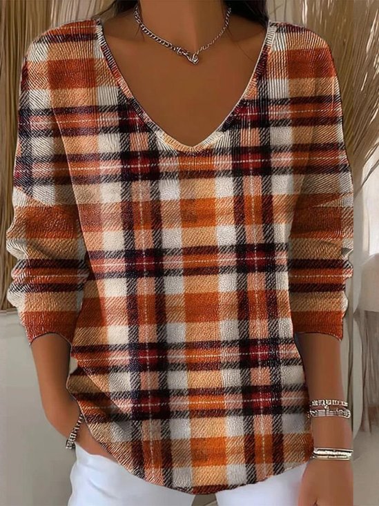 Pulls Décontracté Printemps / Automne Plaid Coton Micro-élasticité Coupe Régulière Manches Longues Trapèze Régulier pour Femmes