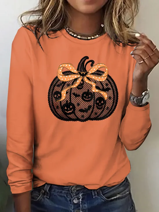 T-shirts Rétro Printemps / Automne Toussaint (citrouille) Polyester Micro-élasticité Quotidien Coupe Régulière Manches Longues Régulier pour Femmes