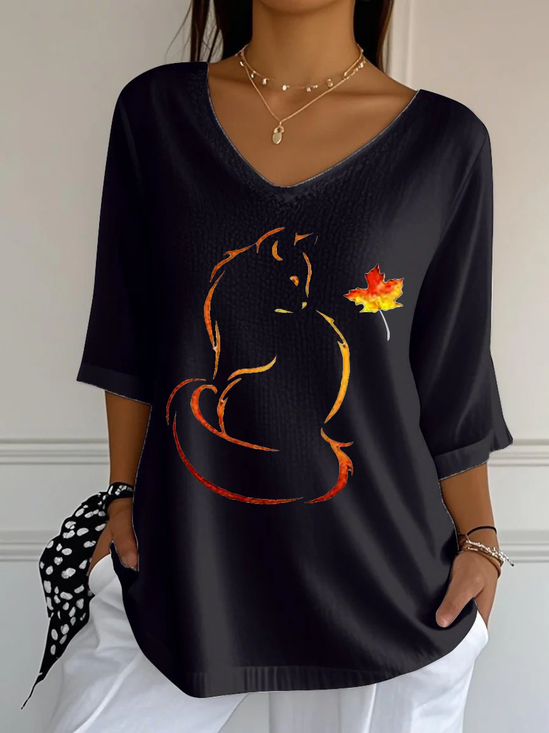 T-shirts Décontracté Printemps / Automne Chat Vacances Coupe Régulière Manches trois quarts Col Rond Droit Régulier pour Femmes