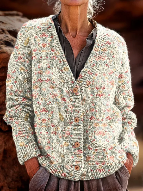 Cardigans Femmes Ethnique Hiver Floral Motif Polyester Col V Poids lourd Micro-élasticité chaleur Droit