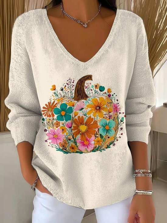 Pulls Décontracté Motif de citrouille Printemps / Automne Col V Quotidien Coupe Régulière Régulier Trapèze Régulier pour Femmes