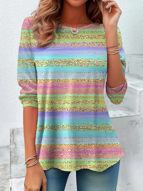 T-shirts Rayé Rétro Printemps / Automne Polyester Micro-élasticité Quotidien Col Rond Trapèze Régulier pour Femmes
