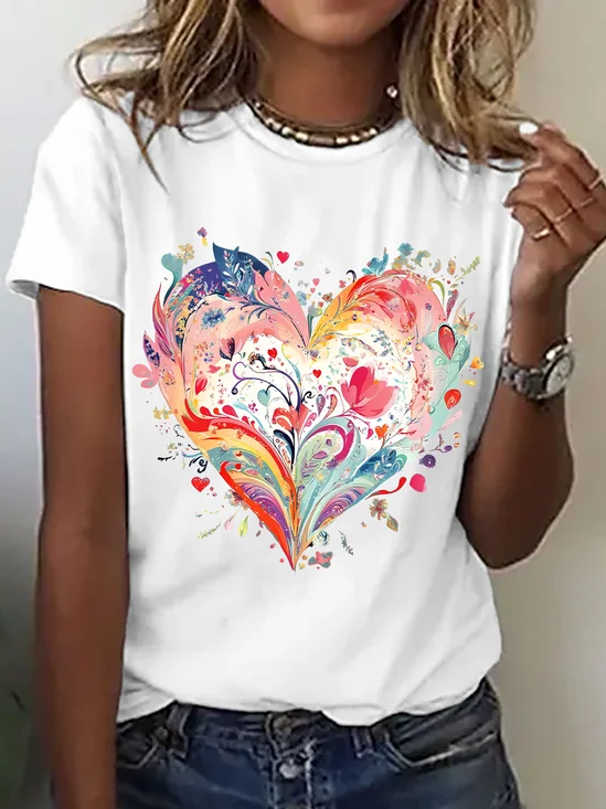 T-shirts Décontracté Été Coeur/cordé Micro-élasticité Quotidien Ample Col Rond Droit Régulier pour Femmes