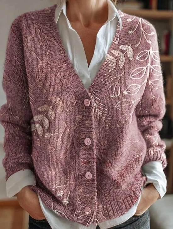 Cardigans Ethnique Botanique Motif Hiver Col V Poids lourd Micro-élasticité Ample chaleur Droit pour Femmes
