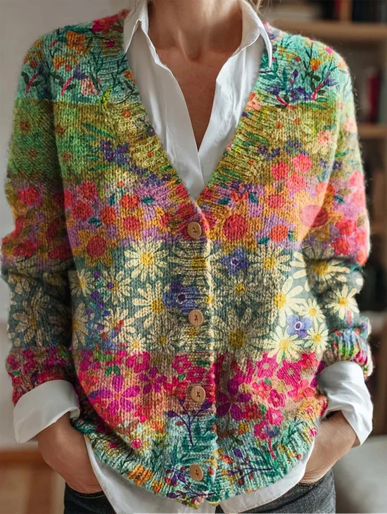 Cardigans Floral Ethnique Hiver Poids lourd Micro-élasticité Vacances chaleur Régulier Droit pour Femmes