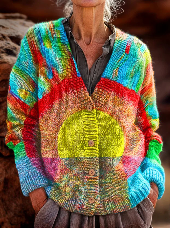 Cardigans Femmes Rétro Hiver Motif dégradé Polyester Col V Poids lourd Manches Longues Régulier Droit