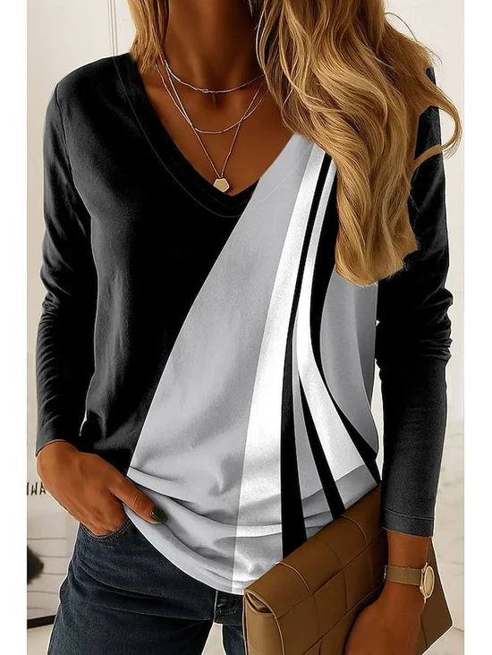 T-shirts Décontracté Bloc de Couleur Printemps / Automne Coton Col V Quotidien Manches Longues Droit Régulier pour Femmes