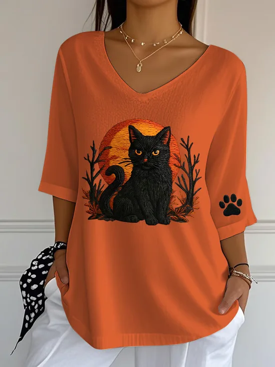 T-shirts Rétro Printemps / Automne Chat Polyester Vacances Coupe Régulière Col Rond Régulier Droit pour Femmes