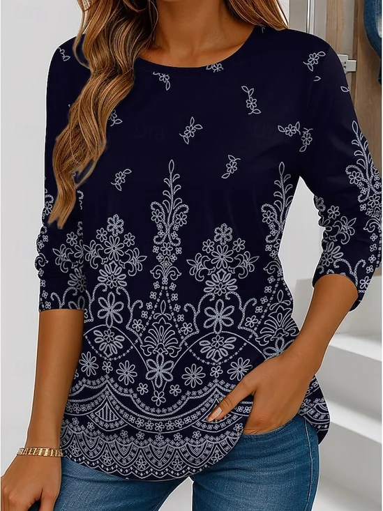 T-shirts Femmes Décontracté Floral Printemps / Automne Coton Micro-élasticité Manches Longues Col Rond Régulier Régulier