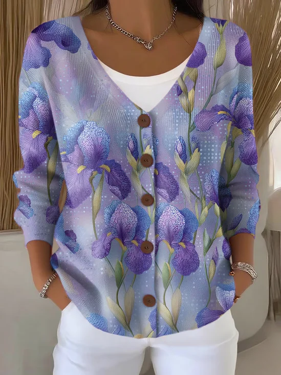 Cardigans Décontracté Floral Printemps / Automne Quotidien Coupe Régulière Manches Longues Régulier Trapèze Élasticité moyenne pour Femmes