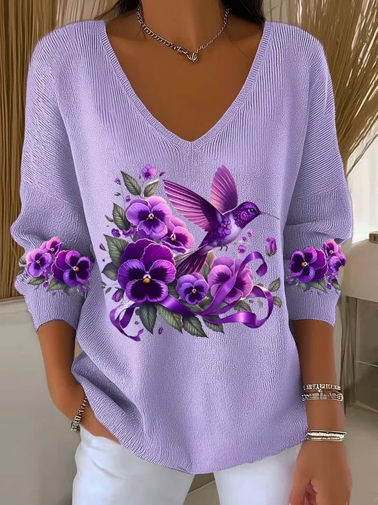 Pulls Décontracté Violet Floral Printemps / Automne Coton Col V Micro-élasticité Coupe Régulière Régulier Régulier pour Femmes