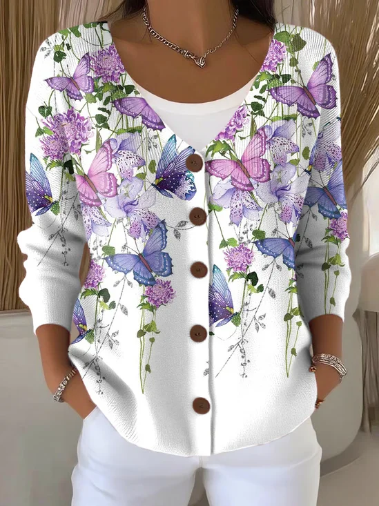 Cardigans Décontracté Floral Printemps / Automne Polyester Quotidien Coupe Régulière Trapèze Régulier Élasticité moyenne pour Femmes
