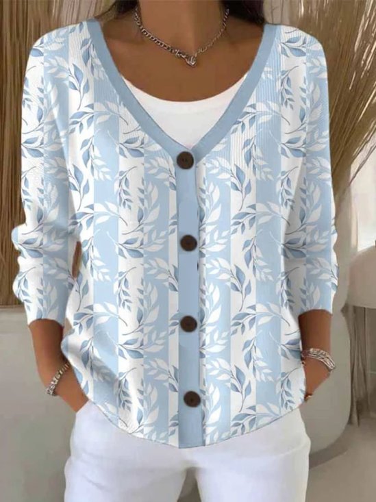 Cardigans Femmes Décontracté Printemps / Automne Plantes Polyester Col V Manches Longues Régulier Trapèze Élasticité moyenne
