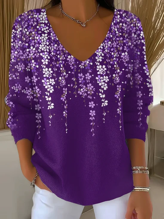 Pulls Femmes Décontracté Violet Floral Printemps / Automne Polyester Col V Quotidien Coupe Régulière Manches Longues Régulier