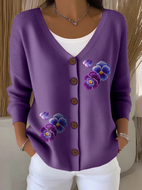 Cardigans Décontracté Violet Floral Printemps / Automne Coton Col V Quotidien Trapèze Régulier Élasticité moyenne pour Femmes