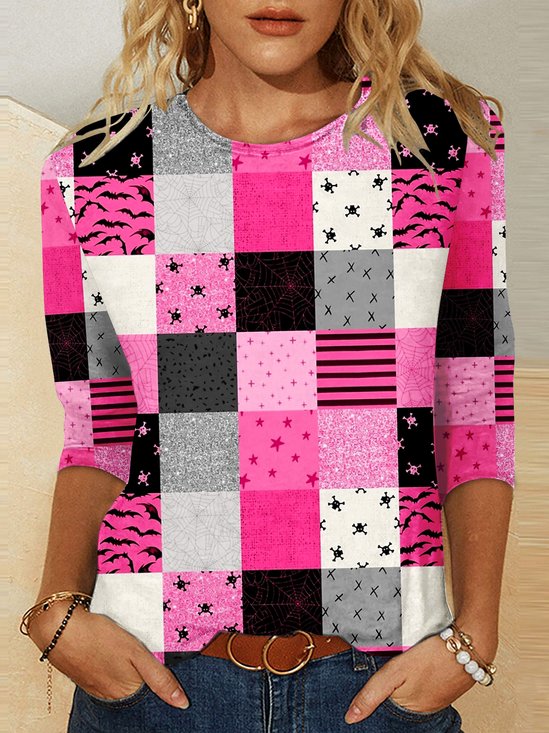 T-shirts Bloc de Couleur Rétro Printemps / Automne Polyester Coupe Régulière Manches Longues Régulier Trapèze Régulier pour Femmes
