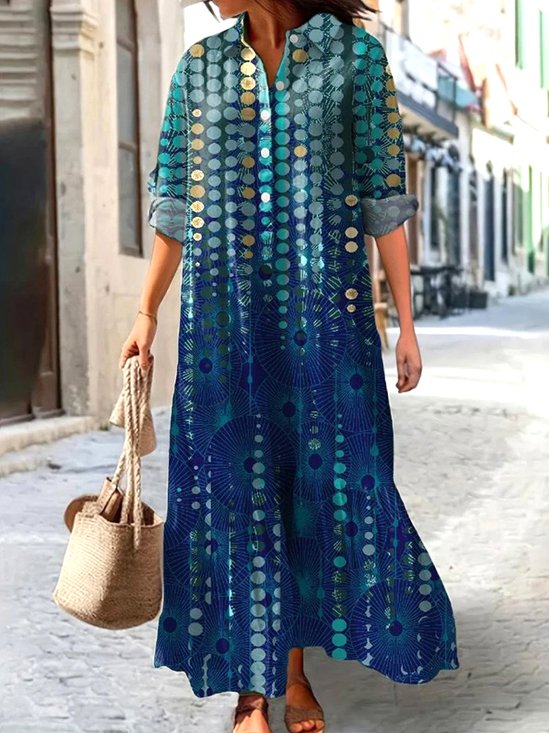 Femmes Géométrique Bleu Col V Confortable Robe Maxi Décontracté