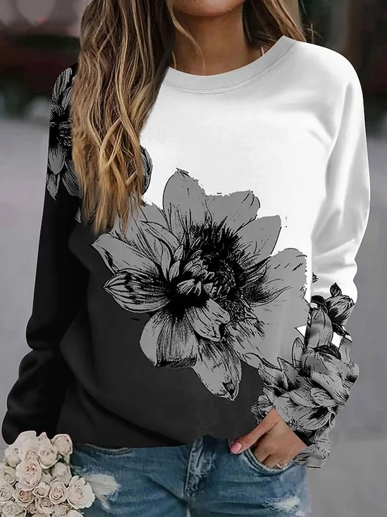 T-shirts Rétro Floral Printemps / Automne Micro-élasticité Quotidien Coupe Régulière Manches Longues Régulier Régulier pour Femmes