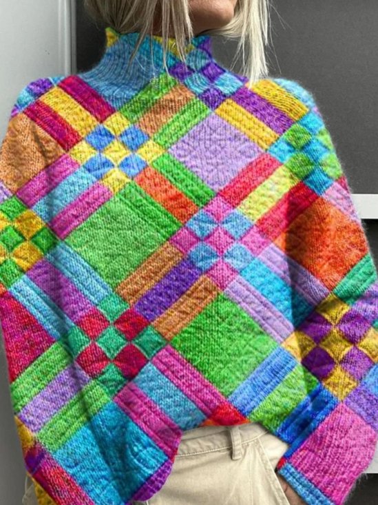 Pulls Femmes Géométrique Décontracté Printemps / Automne Micro-élasticité Coupe Régulière Col Roulé Régulier Ligne T Régulier