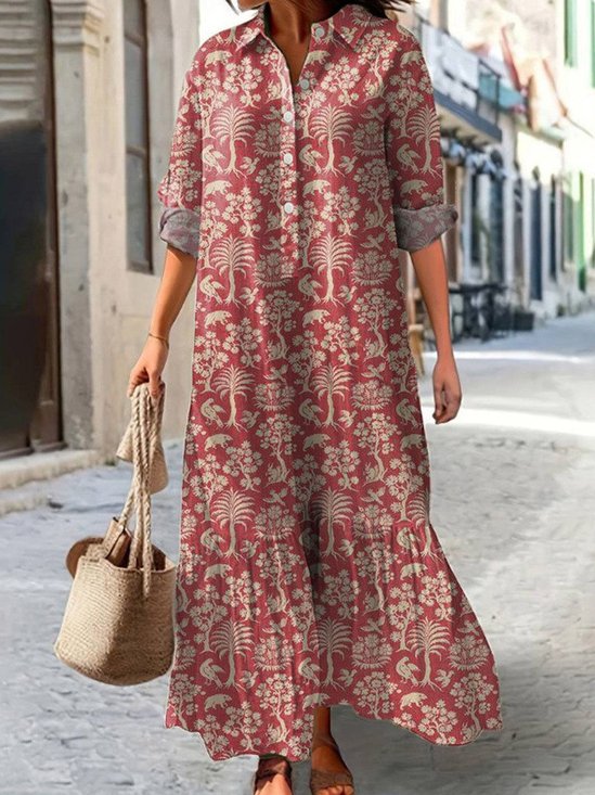 Femmes Floral Rouge Col V Confortable Robe Maxi Décontracté