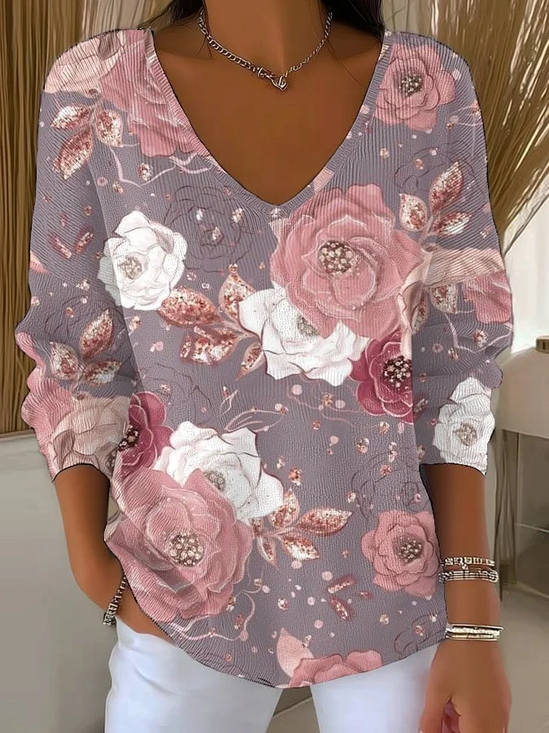 T-shirts Décontracté Floral Printemps / Automne Polyester Col V Micro-élasticité Domestique Régulier Droit pour Femmes