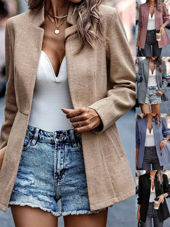 Micro-élasticité Col Châle Manches Longues Régulier Géométrique Veste de tweed Blouson Joint Fendu pour Femmes