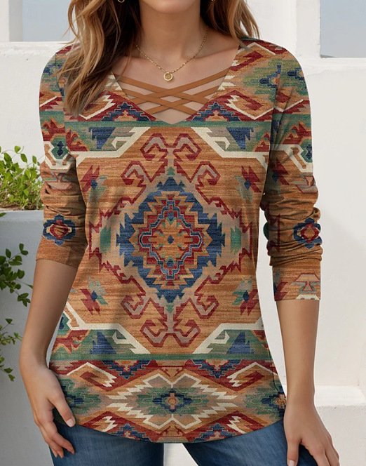 T-shirts Femmes Géométrique Décontracté Printemps / Automne Micro-élasticité Quotidien Manches Longues Régulier Trapèze Régulier