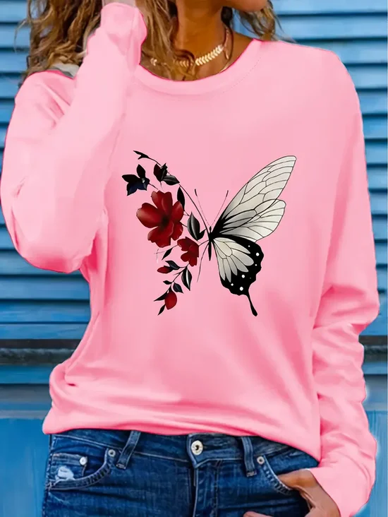 T-shirts Décontracté Floral Printemps / Automne Imprimé Ample Jersey Col Rond Droit Régulier pour Femmes