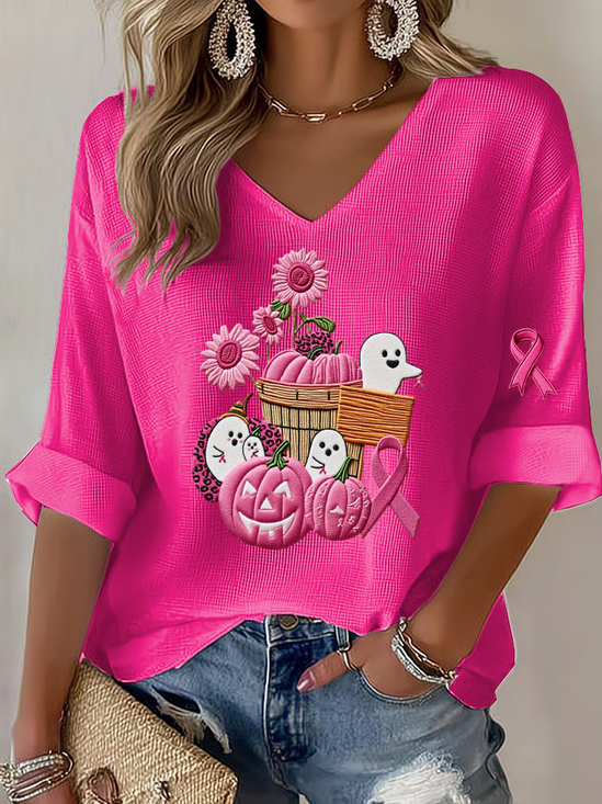 T-shirts Décontracté Printemps / Automne Toussaint (citrouille) Col V Micro-élasticité Vacances Coupe Régulière Régulier Régulier pour Femmes