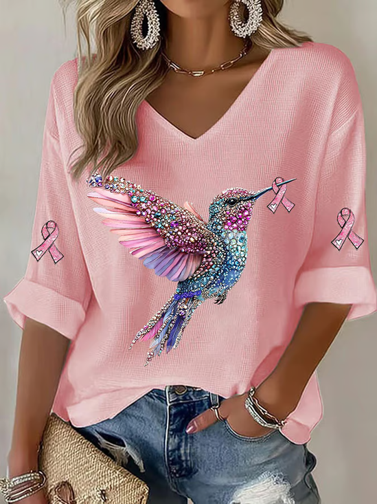 T-shirts Femmes Simple Printemps / Automne impression en 3D Col V Fête Manches trois quarts Régulier Ligne T Régulier