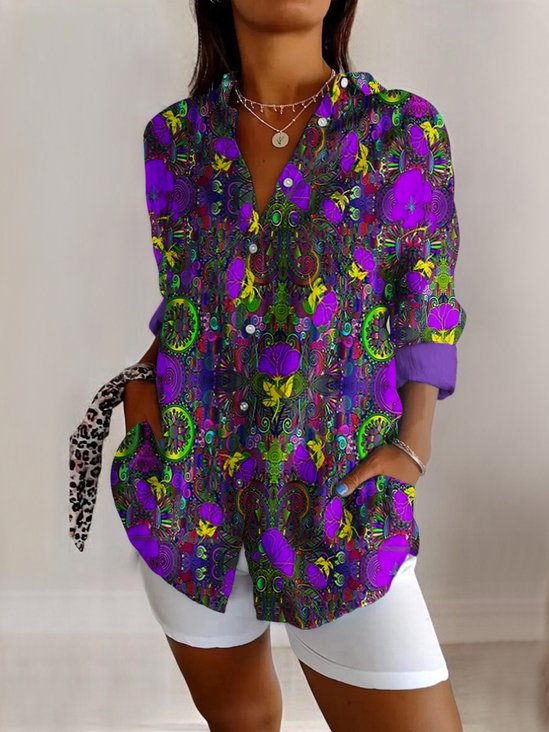 Chemises Femmes Décontracté Floral Printemps / Automne Coton Col V Micro-élasticité Manches Longues Régulier Régulier