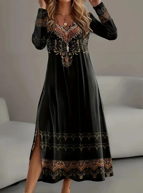 Femmes Ethnique Géométrie Noir Col Rond Confortable Robe Maxi Rétro