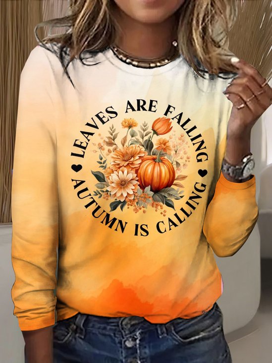 T-shirts Femmes Décontracté Ombre Printemps / Automne Coton Micro-élasticité Manches Longues Col Rond Régulier Trapèze