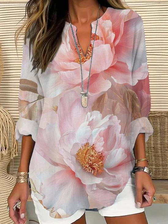 Blouses Décontracté Floral Printemps / Automne Col V Imprimé Quotidien Manches Longues en Mélangé de Coton Régulier pour Femmes