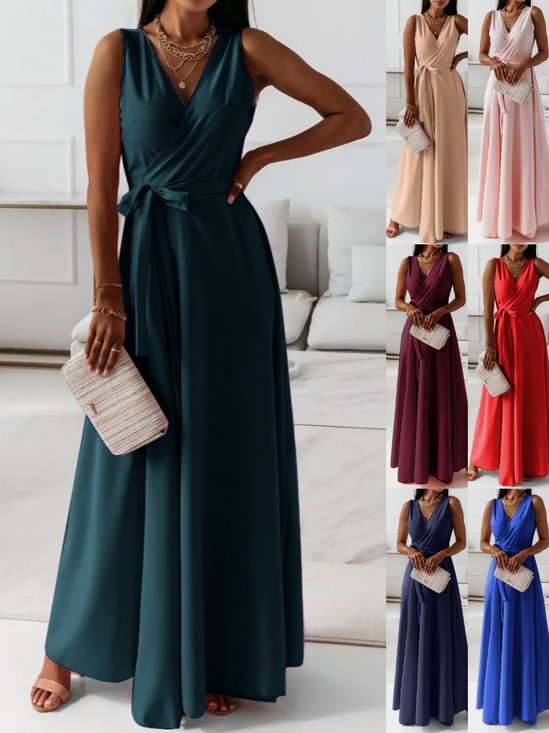 Femmes Plain Vert Foncé Col V Confortable Joint Fendu Robe Maxi Rétro