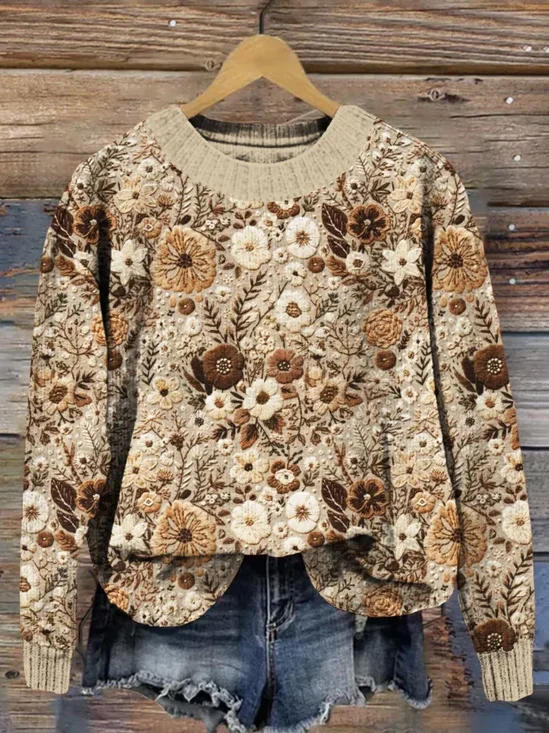 Pulls Décontracté Floral Printemps / Automne Imprimé Quotidien Col Rond Régulier Droit Élasticité moyenne pour Femmes