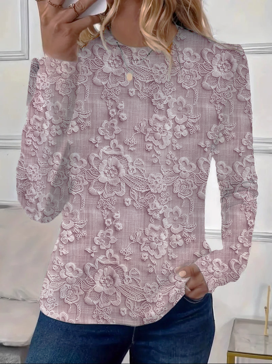 T-shirts Décontracté Floral Printemps / Automne Imprimé Quotidien Jersey Manches Longues Régulier Droit pour Femmes