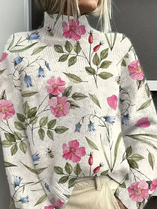 Pulls Décontracté Floral Printemps / Automne Polyester Ample Manches Longues Col Roulé Régulier Droit pour Femmes