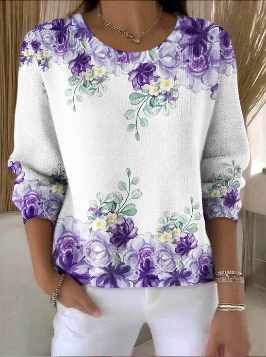 Pulls Femmes Décontracté Floral Printemps / Automne Polyester Coupe Régulière Manches Longues Col Rond Régulier Élasticité moyenne